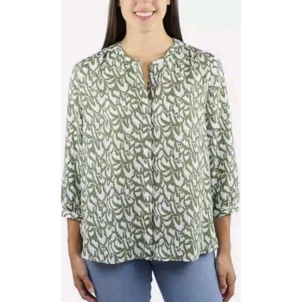 Jachs Girlfriend Printed 3/4 Sleeve w/Hidden Button Blouse Top Green Size Small